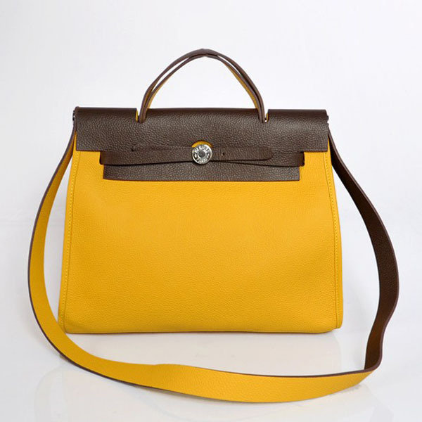 7A Replica Hermes Yellow/Coffee Kelly 32cm Togo Leather Bag 1689